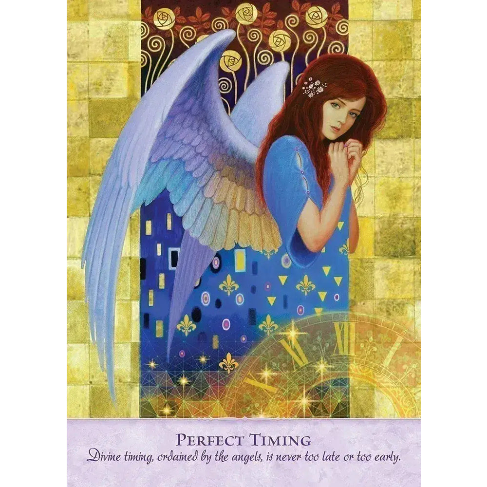 Blue angel with red hair and ornate wings in golden tiles, Angel Power Wisdom Cards LV9577