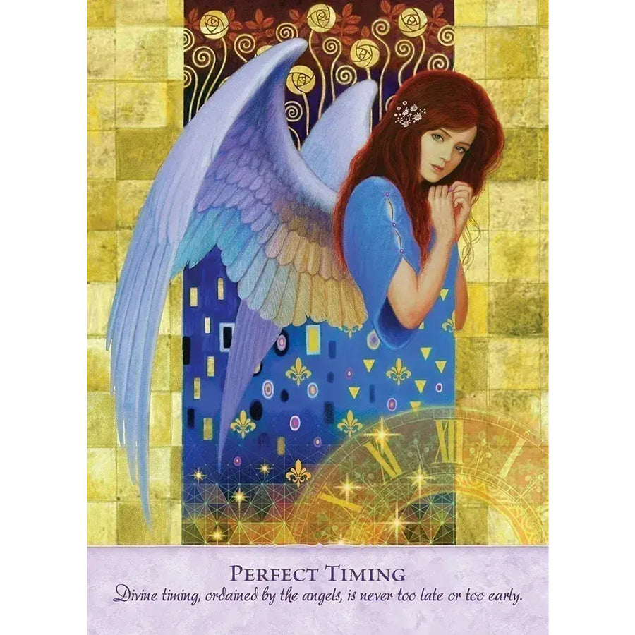 Blue angel with red hair and ornate wings in golden tiles, Angel Power Wisdom Cards LV9577