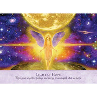 Radiant purple-winged angel in peach robe under golden sphere, cosmic backdrop, Angel Power Wisdom Cards LV9577
