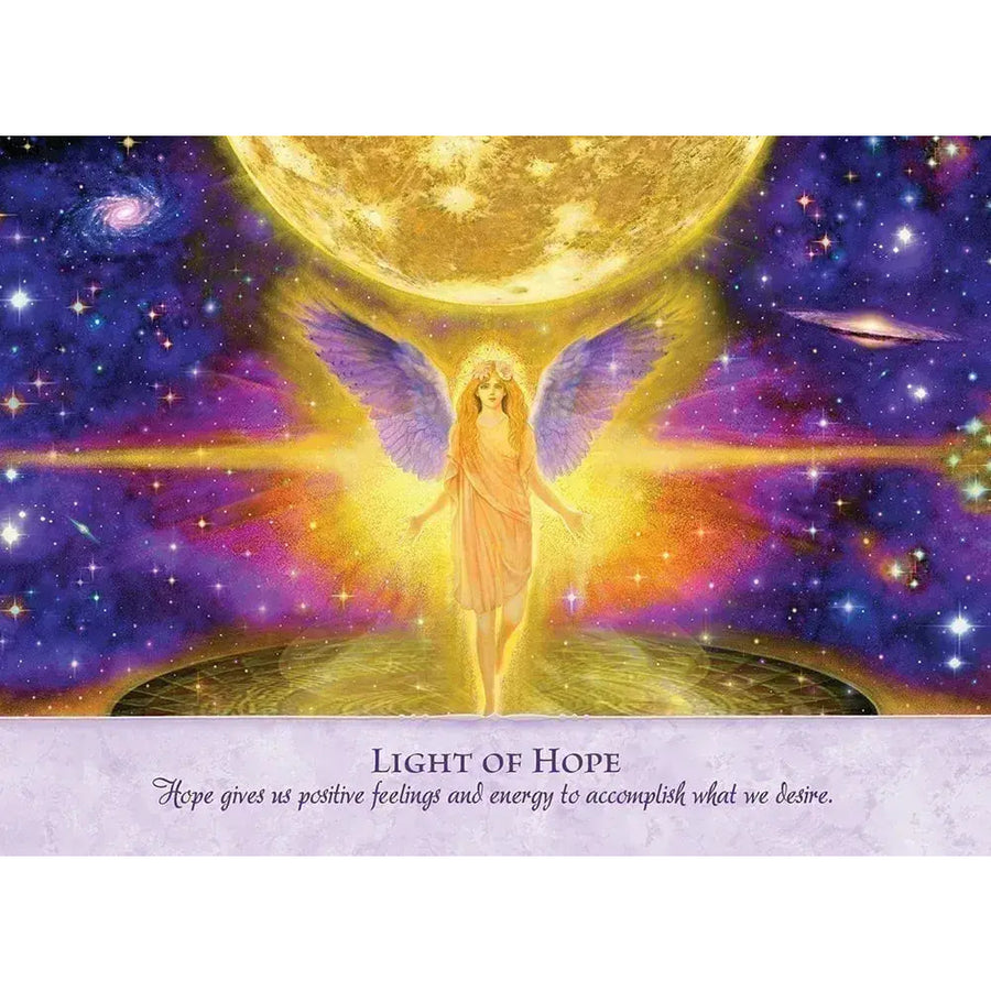 Radiant purple-winged angel in peach robe under golden sphere, cosmic backdrop, Angel Power Wisdom Cards LV9577