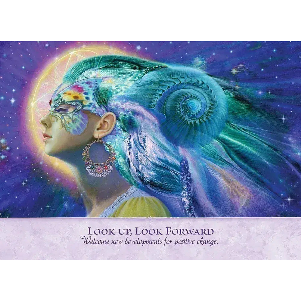 Angel Power Wisdom Cards #LV9577: Woman with blue-green hair, ornate mask, hoop earrings
