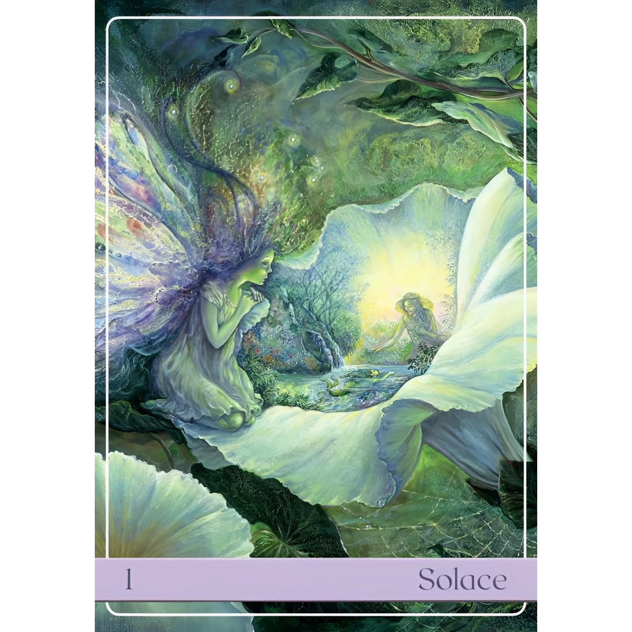 A mystical fantasy card from angelic vibrations oracle deck featuring a fairy with iridescent wings and crystals