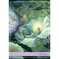 A mystical fantasy card from angelic vibrations oracle deck featuring a fairy with iridescent wings and crystals