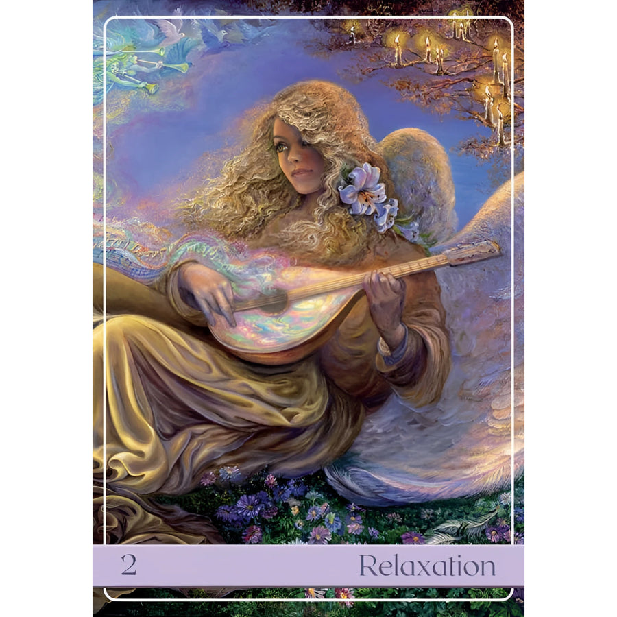 A soft golden angel with curly hair and white flower plays an ornate mandolin in angelic vibrations oracle deck by josephine wall featuring gemstones and crystals