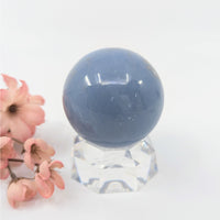 Angelite 2.3-inch blue marble sphere on clear glass stand #BC0126