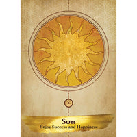 Golden sun with rays in circular frame on aged parchment, Angels and Ancestors Oracle Deck LV9597
