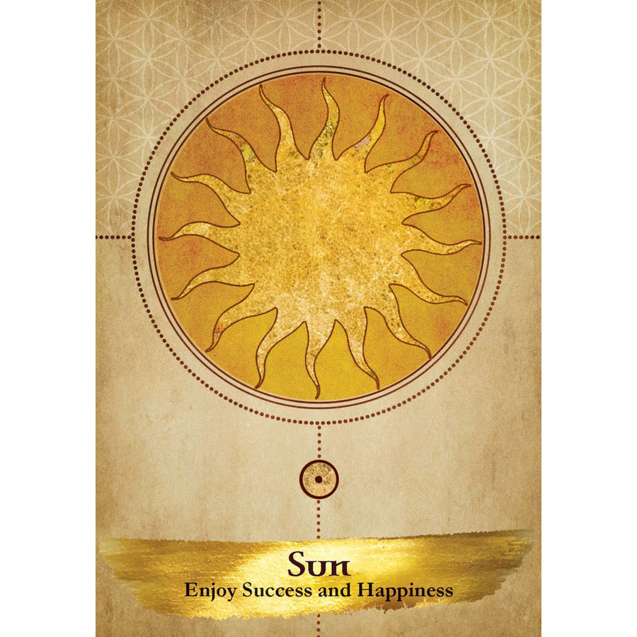 Golden sun with rays in circular frame on aged parchment, Angels and Ancestors Oracle Deck LV9597
