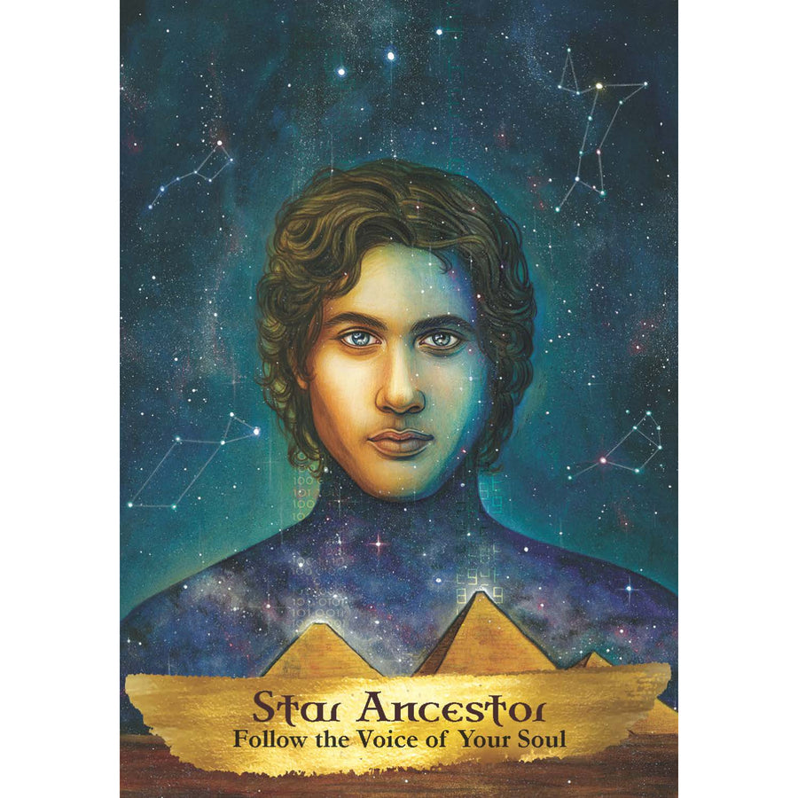 Mystical young man with wavy brown hair and blue eyes in cosmic oracle card LV9597