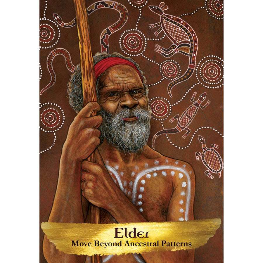 Elder with white beard, red headband, and aboriginal dot skin art from Angels and Ancestors Oracle Deck LV9597