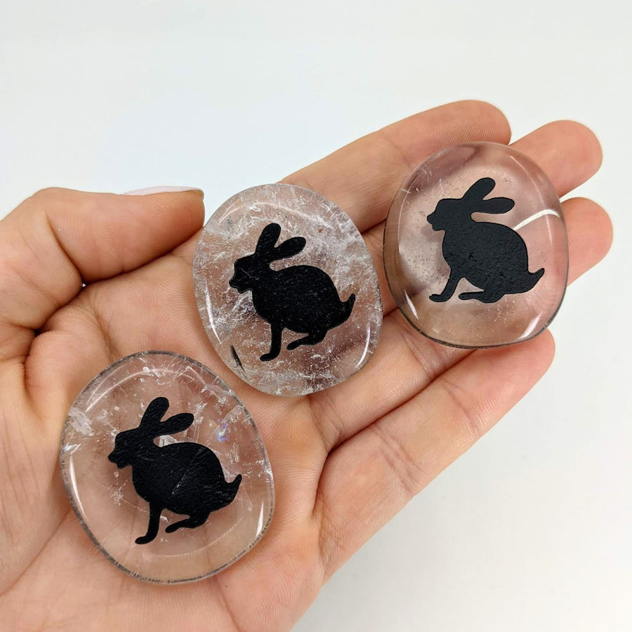Hand holding three glass cabs with turtle silhouettes; Animal Palm Stone #T389D