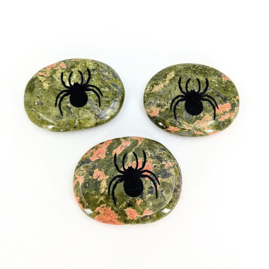 Three green and orange spiders painted on rocks from Animal Palm Stone #T389D