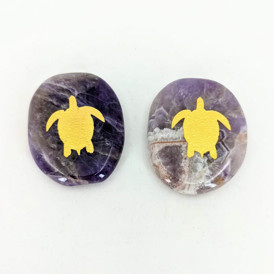 Animal Palm Stone #T389D: Purple and yellow stones with a gold turtle on top