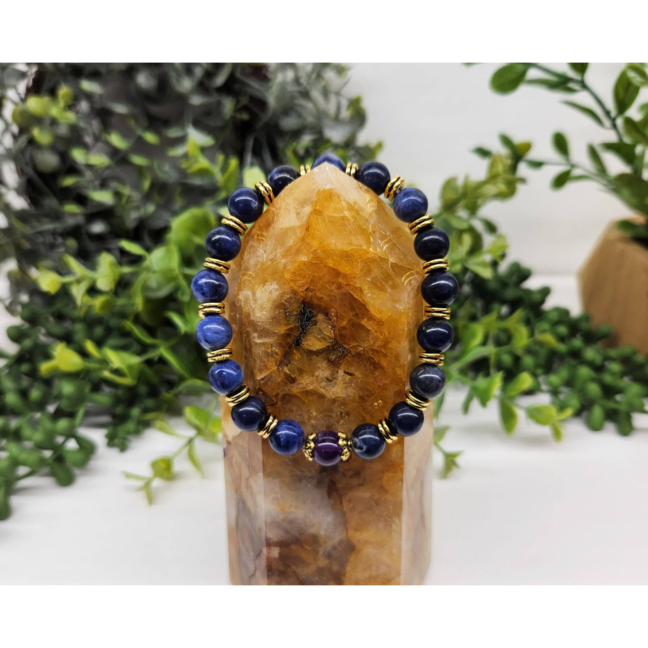 Citrine and lapis lazuli beaded ring with gold wire wrapping