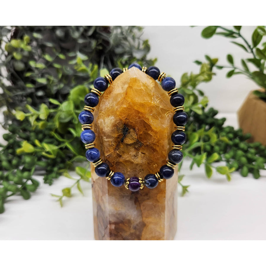 Citrine and lapis lazuli beaded ring with gold wire wrapping