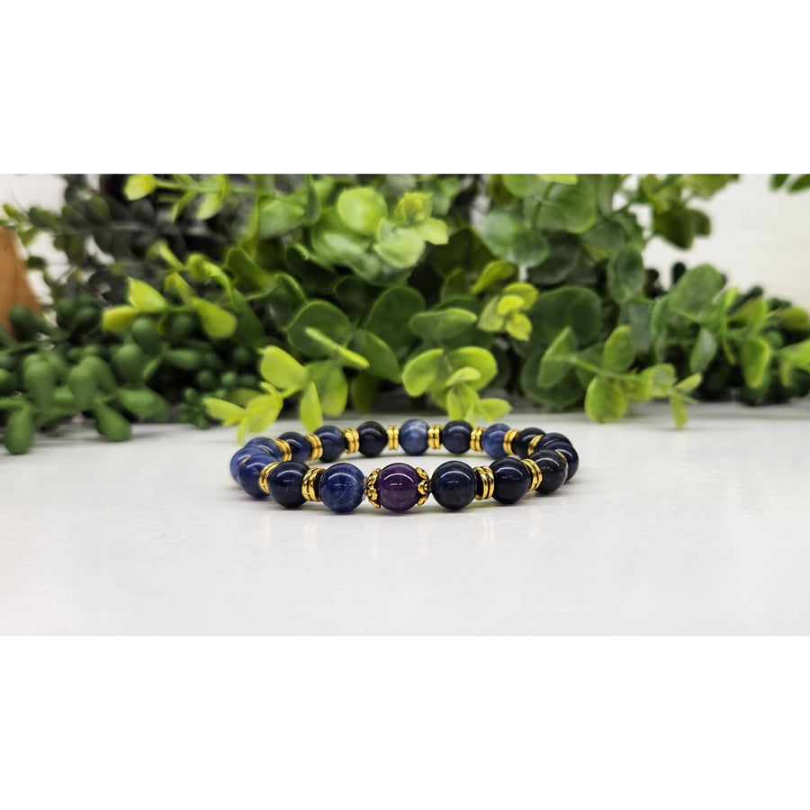Blue and gold beaded Anxiety Support bracelet with Sodalite Amethyst LV9503