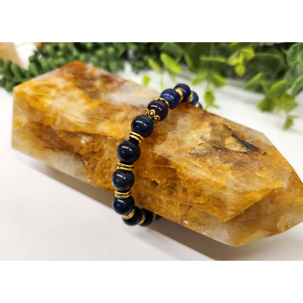 Blue Lapis Lazuli Beaded Bracelet with Gold Accents, LV9503