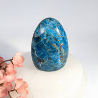 Polished blue apatite egg-shaped stone with golden veining on quartz base, 2.8’’ freeform #BC0361