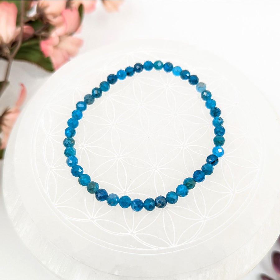Blue beaded bracelet with faceted Apatite gemstones in a 7-inch 4mm length