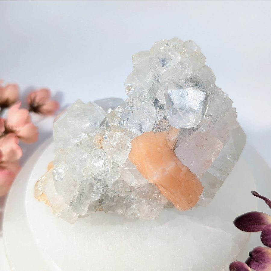 Apophyllite and Stillbite 3.4’’ quartz crystal cluster with peach calcite
