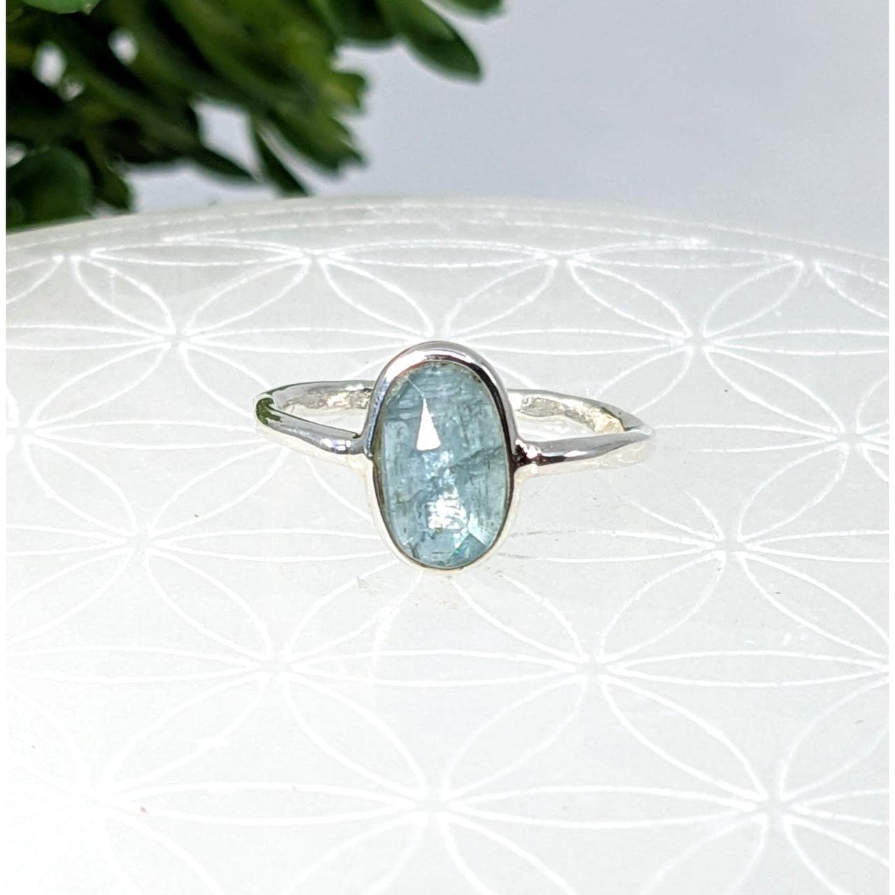 Sterling silver ring with an oval aquamarine gemstone in Aqua Kyanite Faceted Dainty Ring LV6850