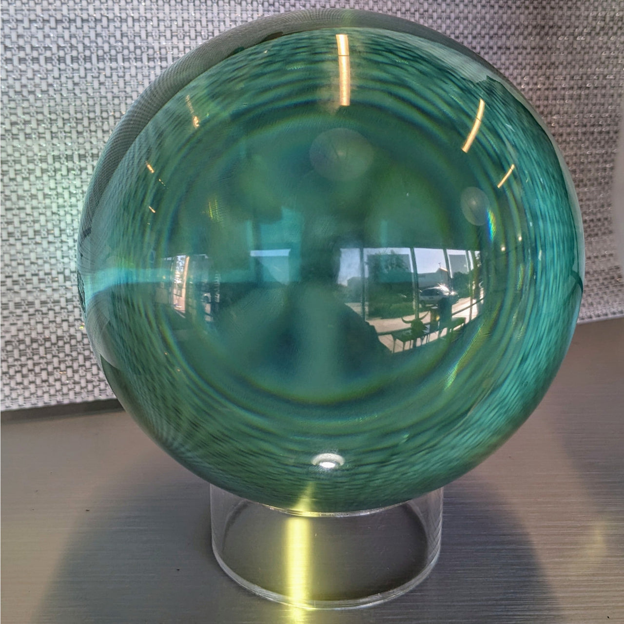 Aqua Obsidian 5’ Sphere #LV5427 - stunning green glass ball on metal stand, aqua blue accent