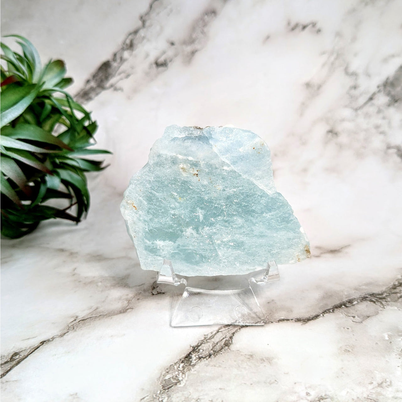 Aquamarine 2’ Rough Specimen #LV4624: Blue Quartz Stone on Marble Table