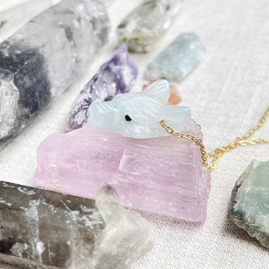 Delicate light blue jade unicorn pendant on 18’’ gold chain, LV9096