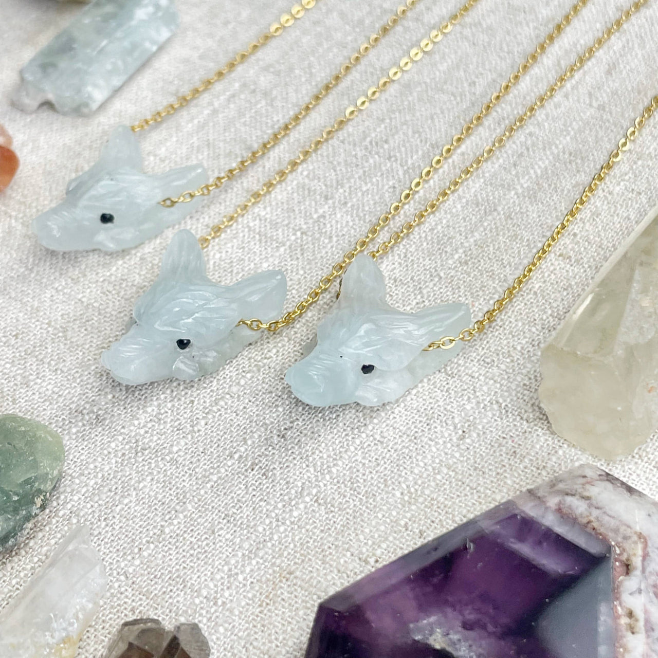 Three Aquamarine Carved Wolf Mini 18’’ Gold Necklaces #LV9096