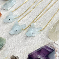 Three Aquamarine Carved Wolf Mini 18’’ Gold Necklaces #LV9096