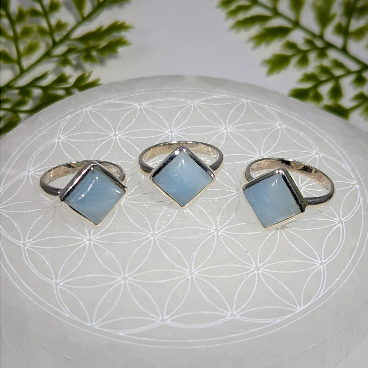 Three silver Aquamarine square chalcedony rings, size 7-9 #BC0390