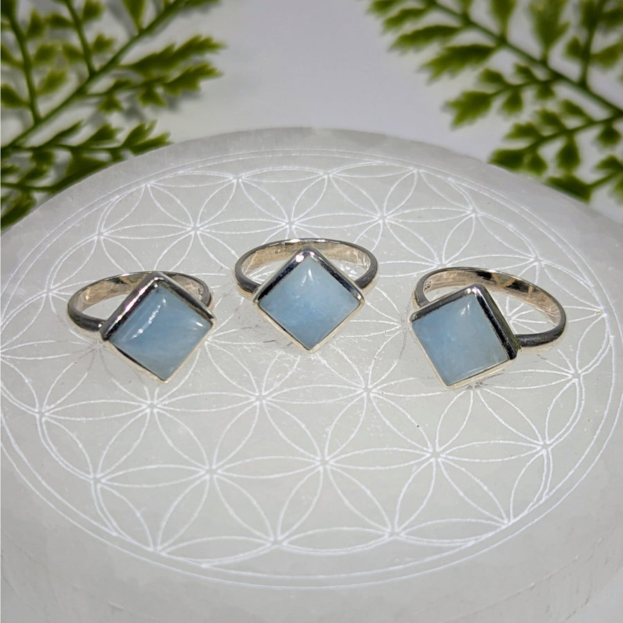 Three silver Aquamarine square chalcedony rings, size 7-9 #BC0390