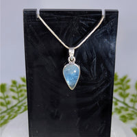 Blue apatite teardrop pendant in silver bezel on chain #BC0394