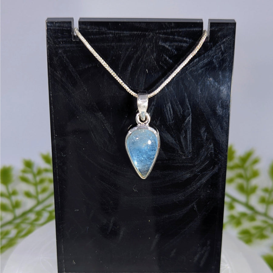 Blue apatite teardrop pendant in silver bezel on chain #BC0394