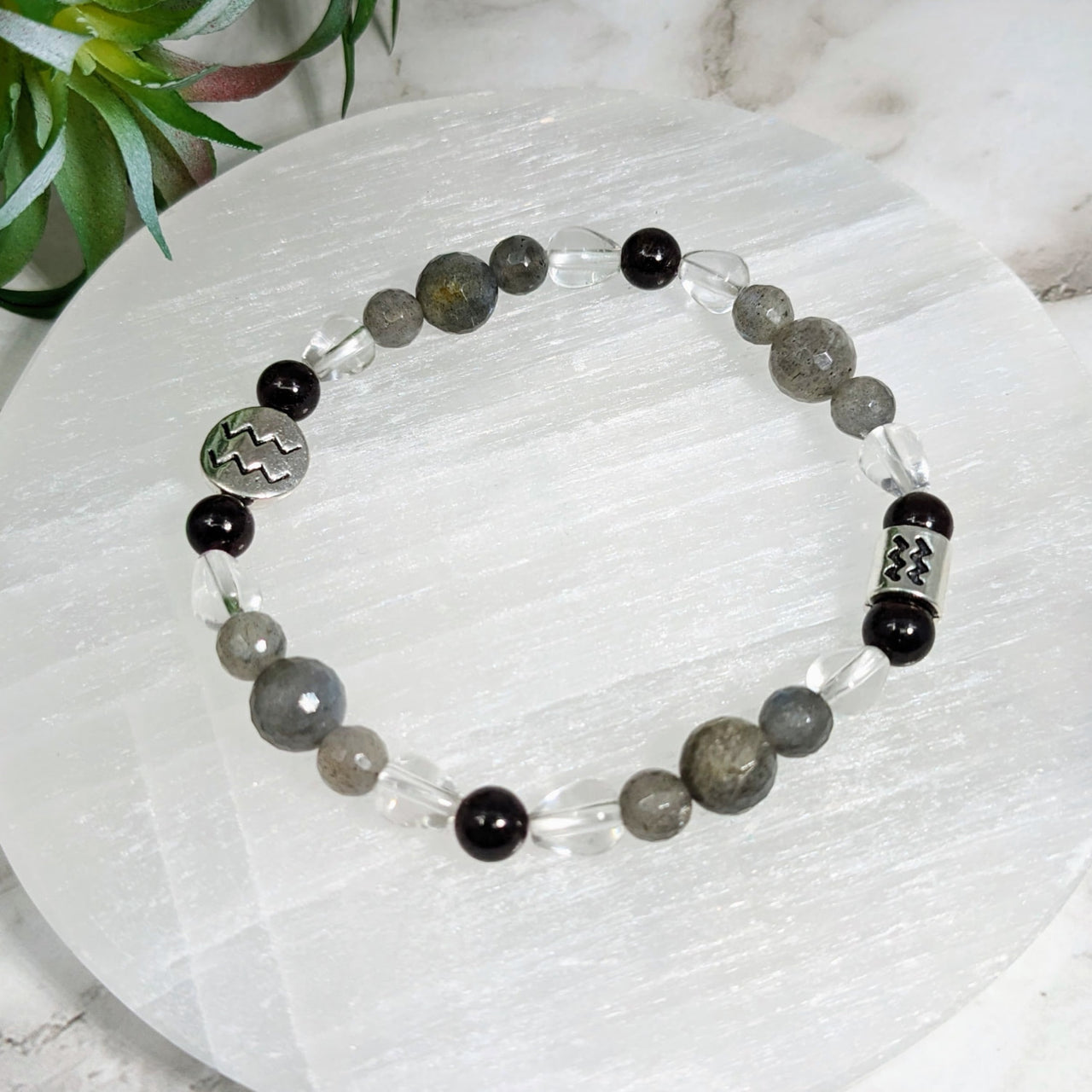 Aquarius Zodiac Handmade Beaded Bracelet 7’ – Black and White with Silver Accents