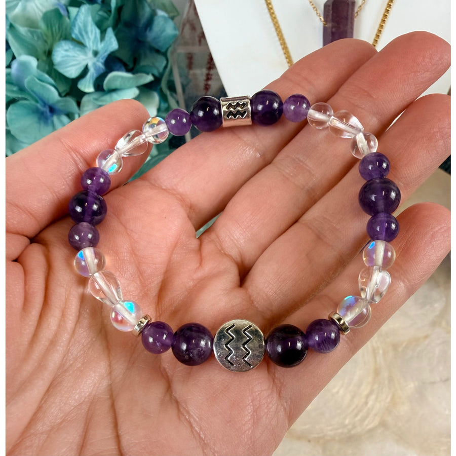 Purple clear crystal Aquarius zodiac bracelet with silver bead, 7 inch handmade