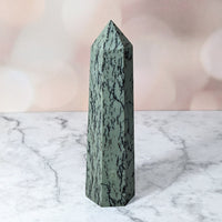 Thumbnail for Aquatic Jade 3.8’ Tower #LV2825 - Green Quartz Point on Marble Table