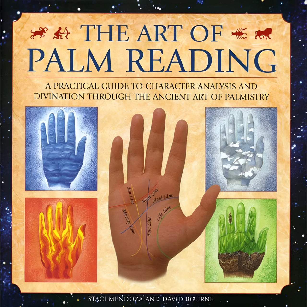 The art of palm reading book by staci mendoza features labeled palm lines and colorful hand illustrations for gemstone crystal insights
