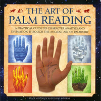 The art of palm reading book by staci mendoza features labeled palm lines and colorful hand illustrations for gemstone crystal insights