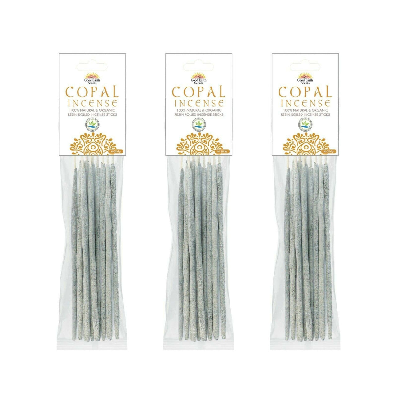 Three packages of artisan resin rolled copal incense sticks with 100 percent natural light gray resin coating