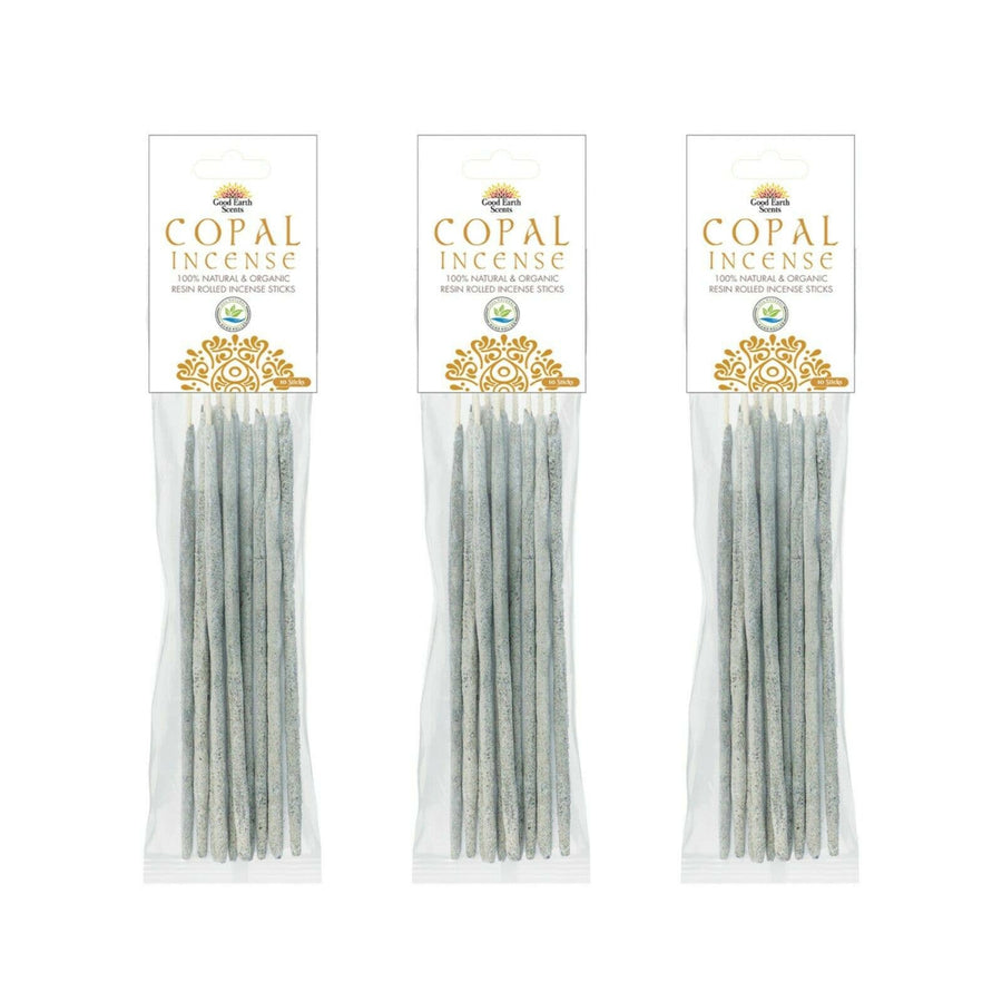 Three packages of artisan resin rolled copal incense sticks with 100 percent natural light gray resin coating