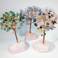Assorted 4.4’’-4.8’’ crystal gem trees on rose quartz bases #BC0319
