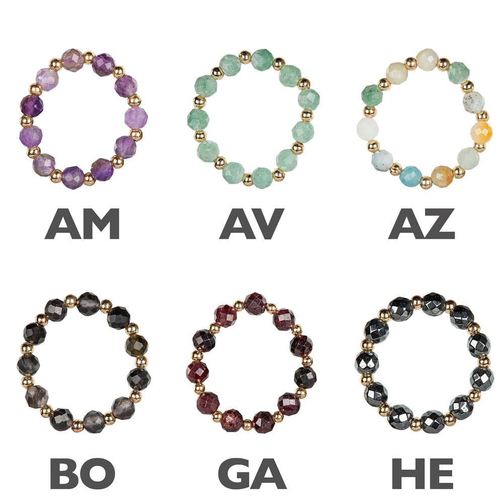 Assorted crystal 4mm faceted stretch bracelets with gemstones and gold beads