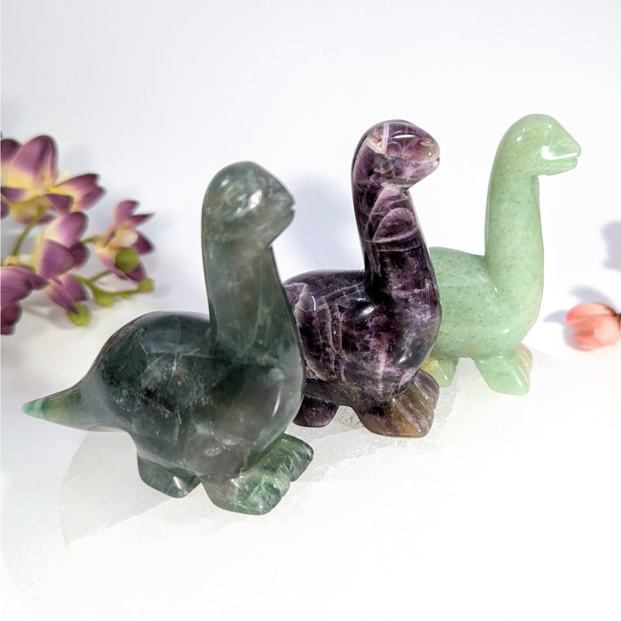 Three hand-carved 3-inch gemstone dinosaur figurines in green hues, #BC0709