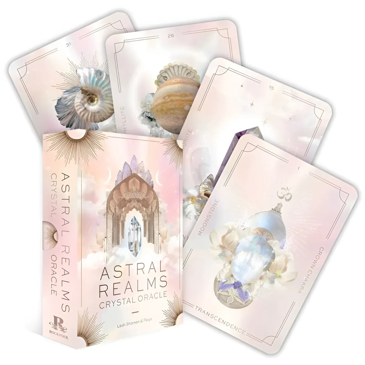 Astral Realms Crystal Oracle deck by Leah Shoman displayed with colorful crystals