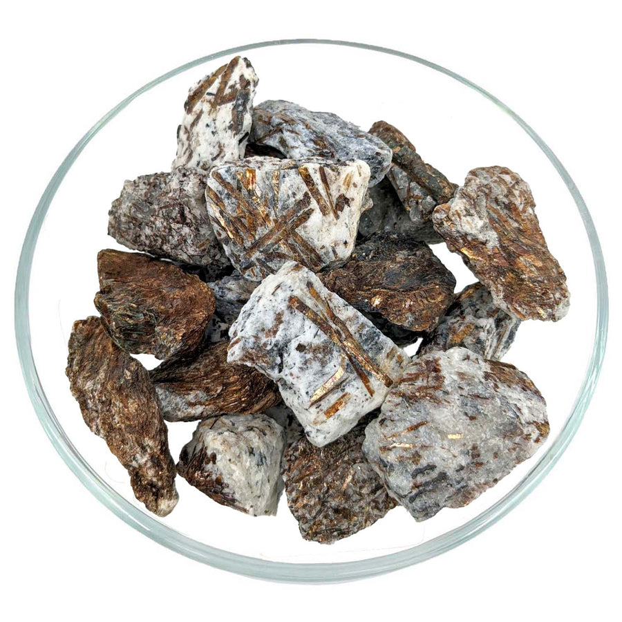 Astrophyllite rough chunk displayed in a glass dish, ideal for referral history enthusiasts