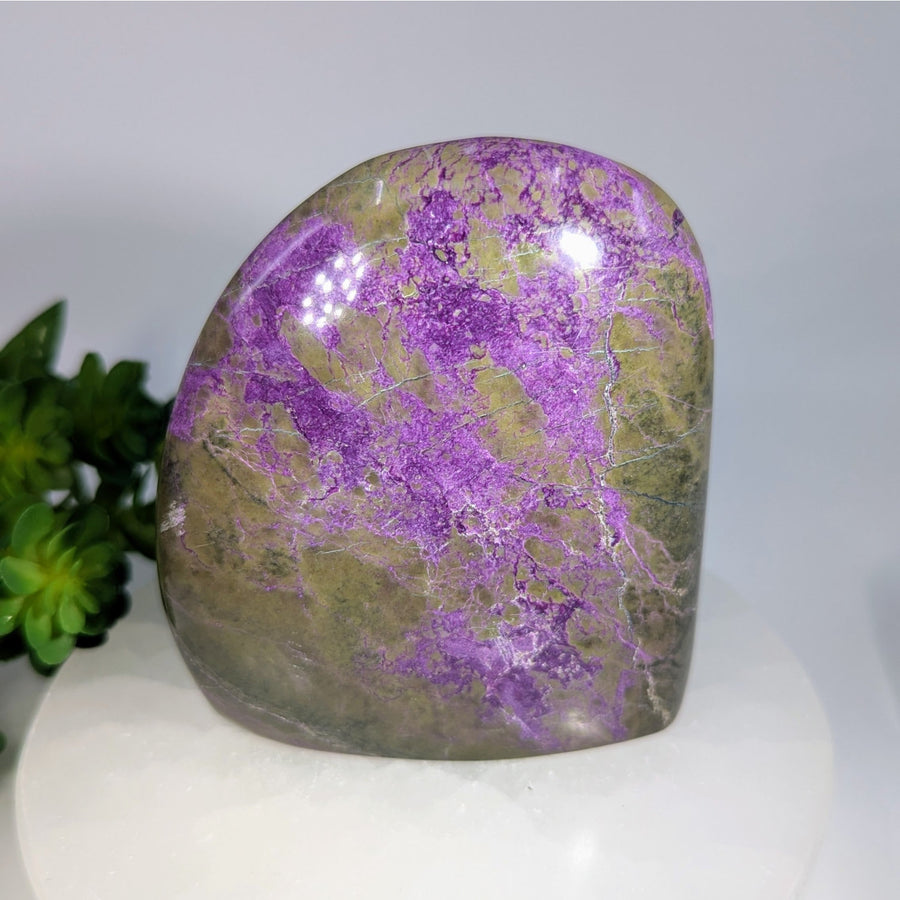 Polished purple olive-green Atlantasite marbled freeform stone 3.75’’ #BC0314
