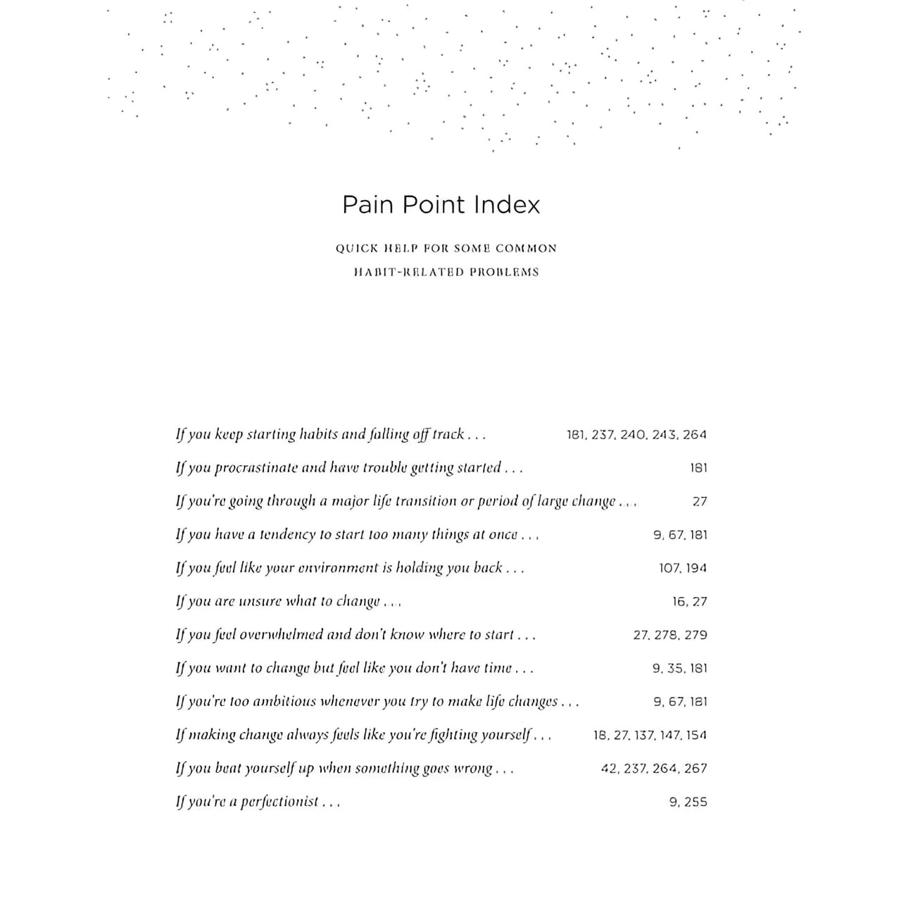 White paper page of The Atomic Habits Workbook by James Clear showing pain point index with habit problems and page numbers