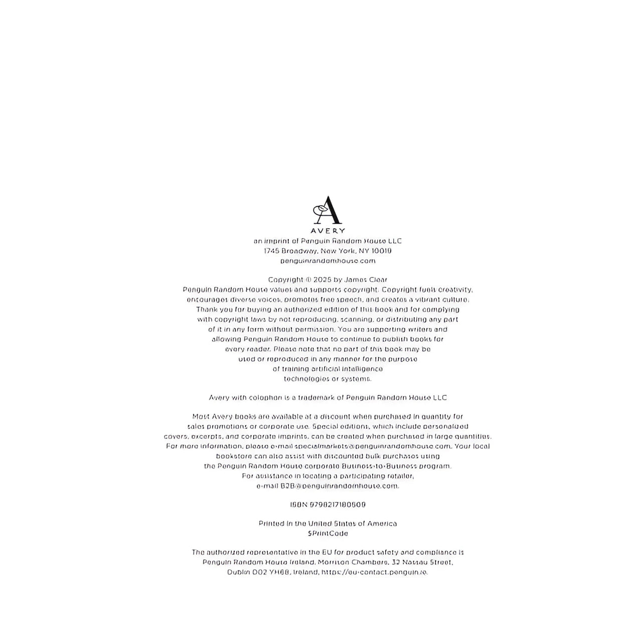 Avery copyright page in The Atomic Habits Workbook by James Clear BC0482