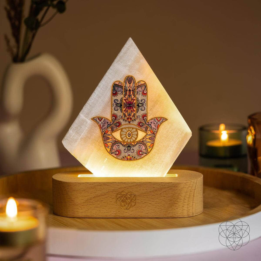Aura Spa Selenite Hamsa Salt Lamp with Wooden Base LV9546
