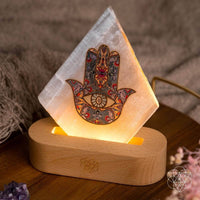 Aura Spa Selenite Mood Lamp with Hamsa Pyramid on Wood Base